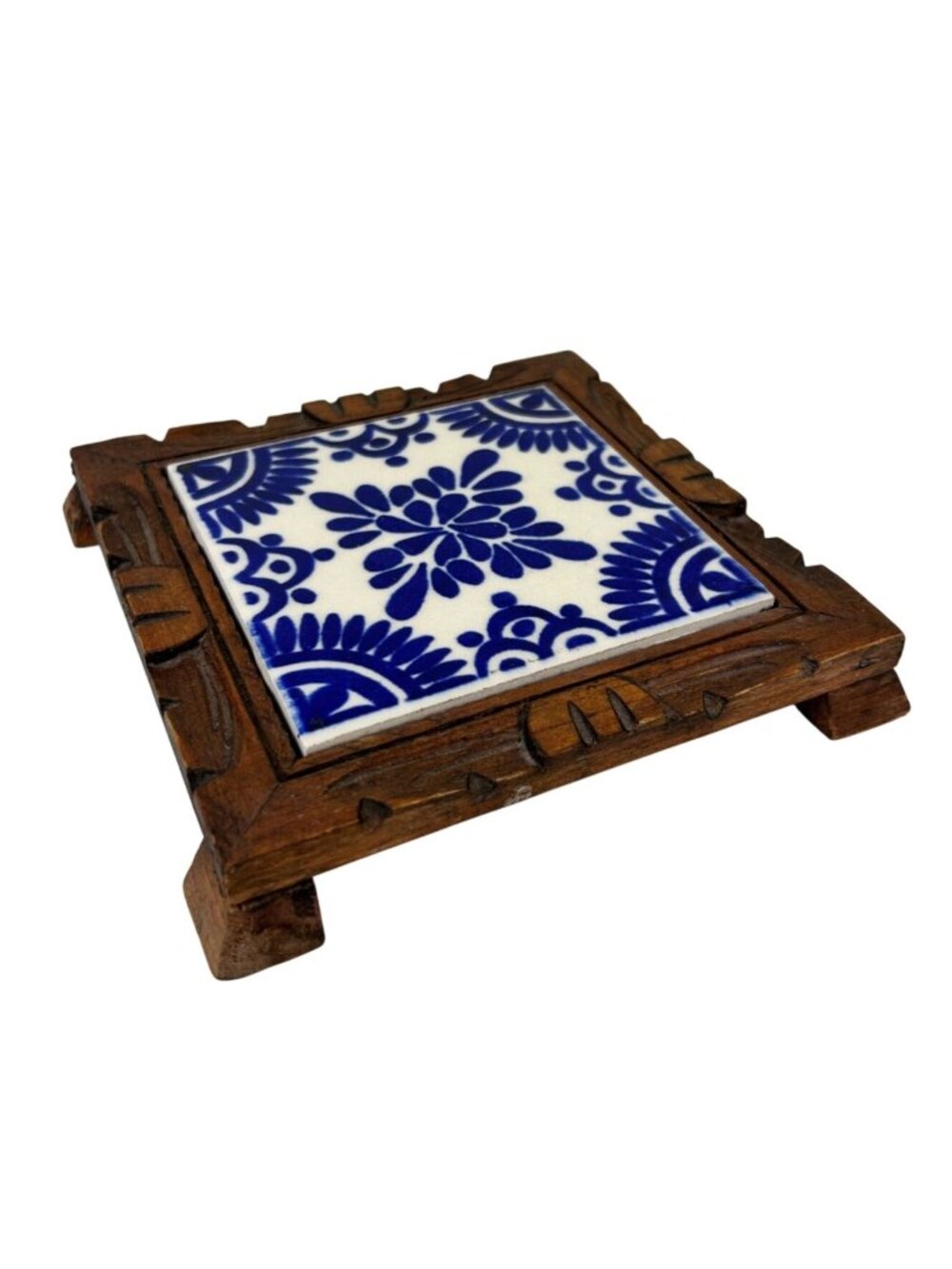 Dal-Tile Blue & White Tile Trivet Carved Wooden Base Kitchen Tool Mexico